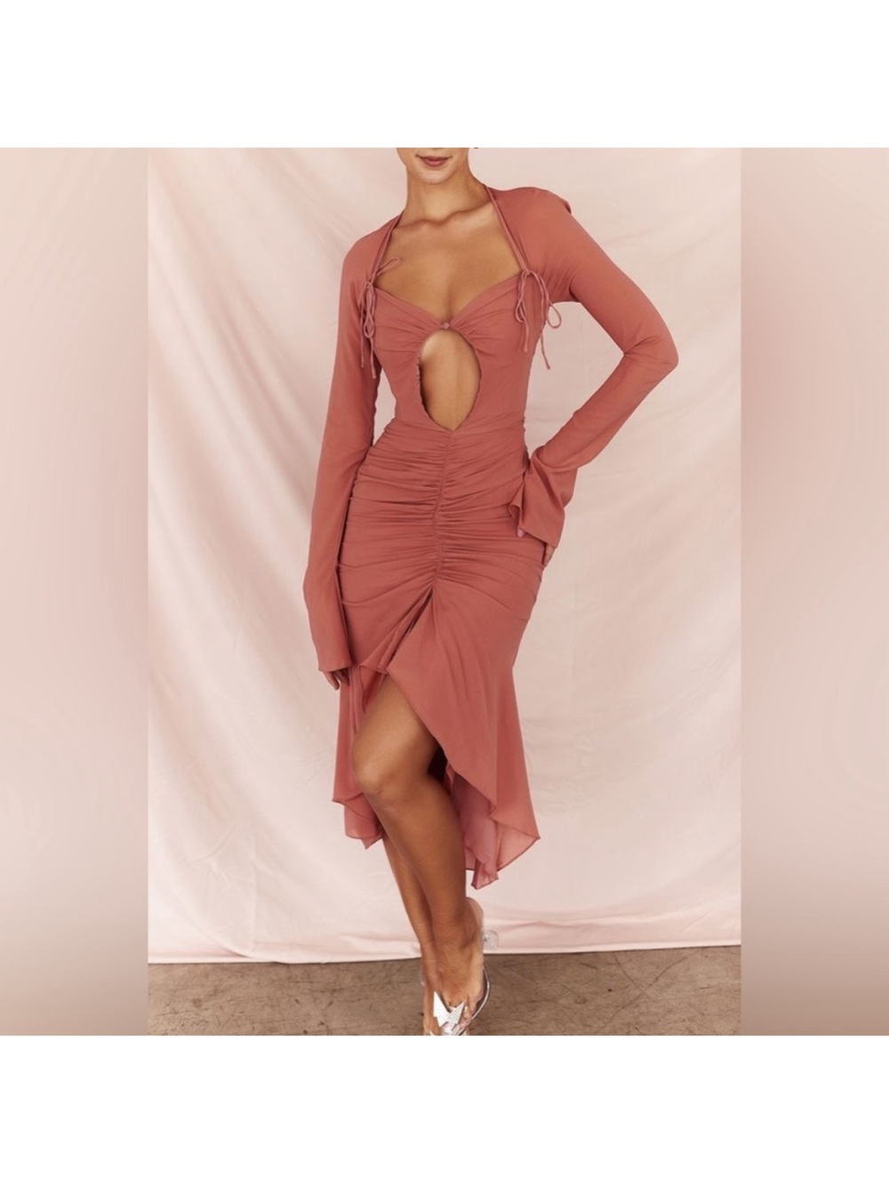 Ruched Cutout Midi Silk Dress